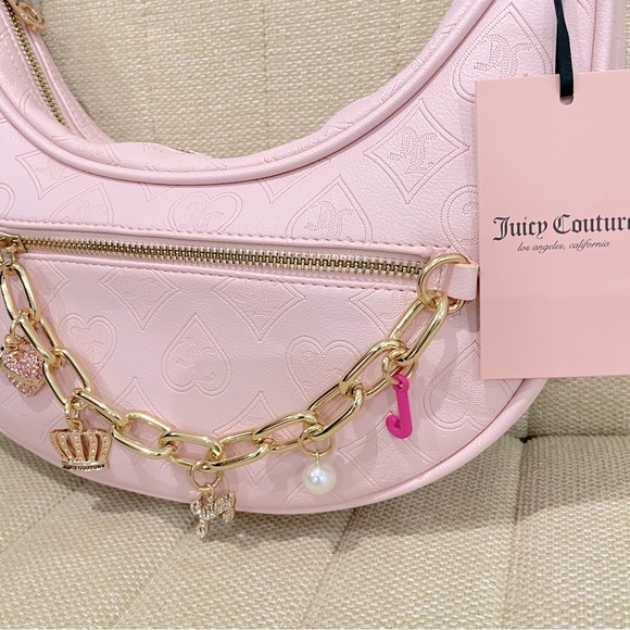 NEW Juicy Couture Pink Powder Blush Embossed Shoulder Bag Top Notch Hobo Chain - Picture 3 of 8